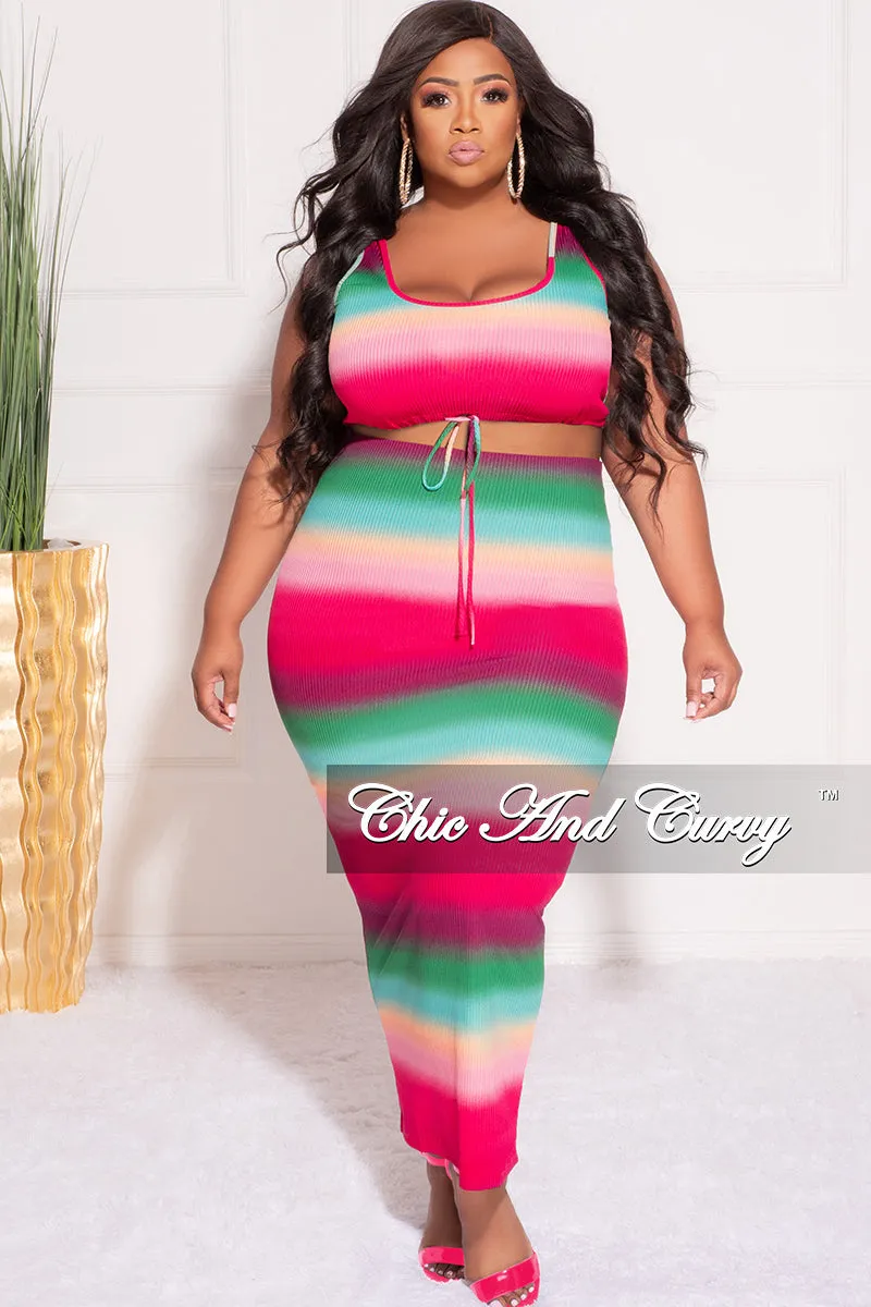 Final Sale Plus Size Ribbed 2pc Crop Drawstring Top and Pencil Skirt in Fuchsia Green and Orange