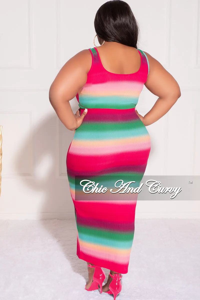 Final Sale Plus Size Ribbed 2pc Crop Drawstring Top and Pencil Skirt in Fuchsia Green and Orange