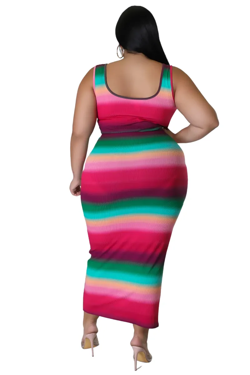 Final Sale Plus Size Ribbed 2pc Crop Drawstring Top and Pencil Skirt in Fuchsia Green and Orange