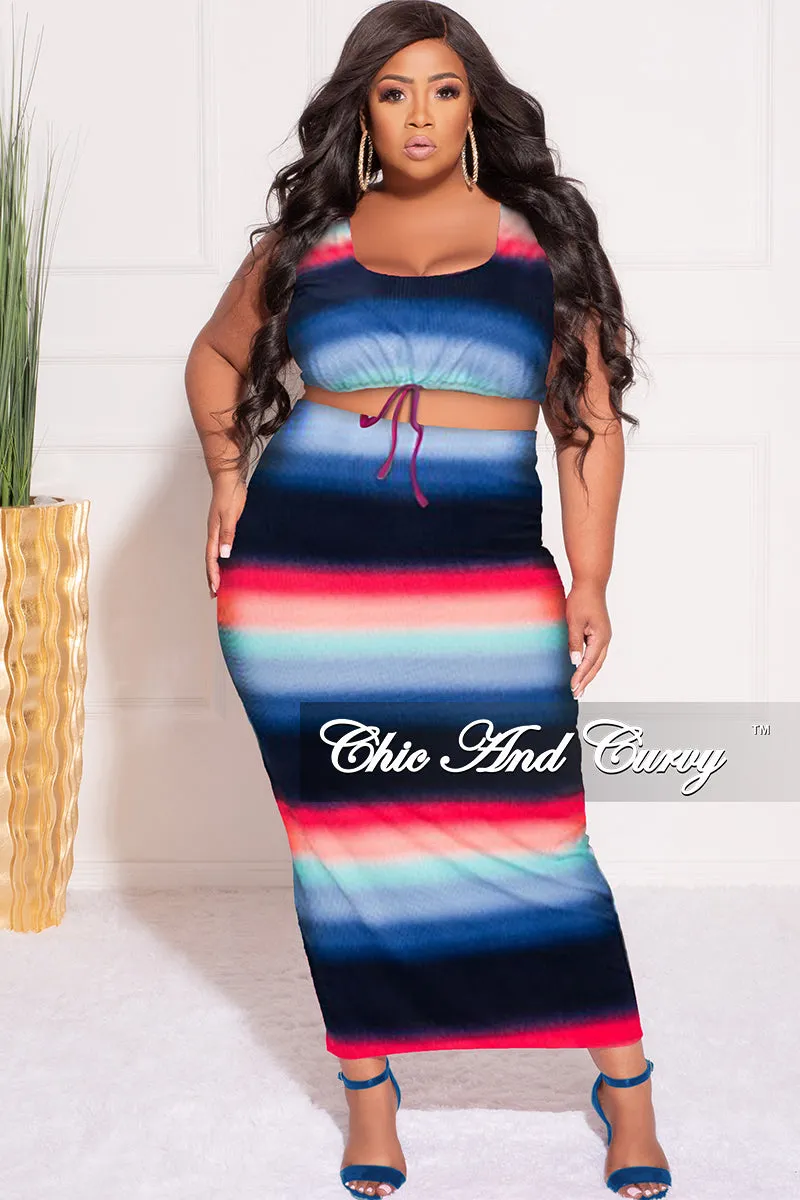 Final Sale Plus Size Ribbed 2pc Crop Drawstring Top and Pencil Skirt in Navy, Fuchsia , & Blue