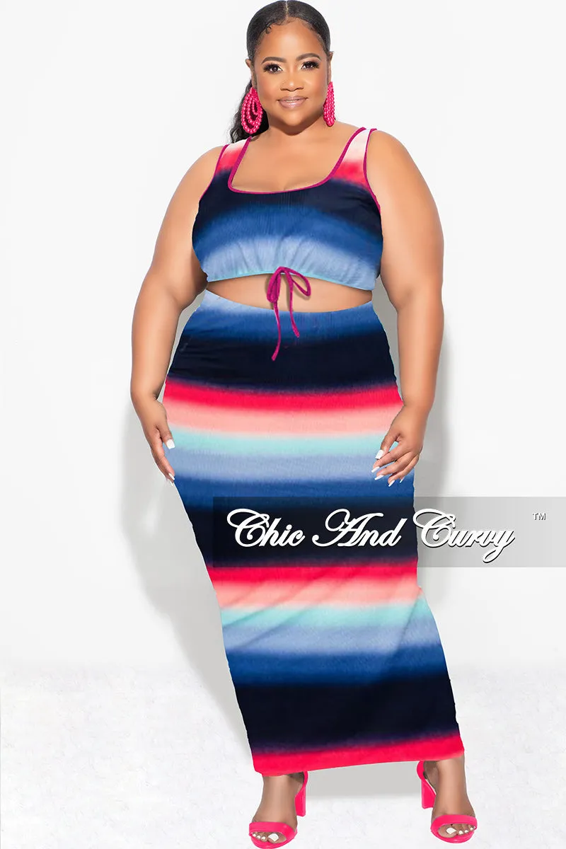 Final Sale Plus Size Ribbed 2pc Crop Drawstring Top and Pencil Skirt in Navy, Fuchsia , & Blue