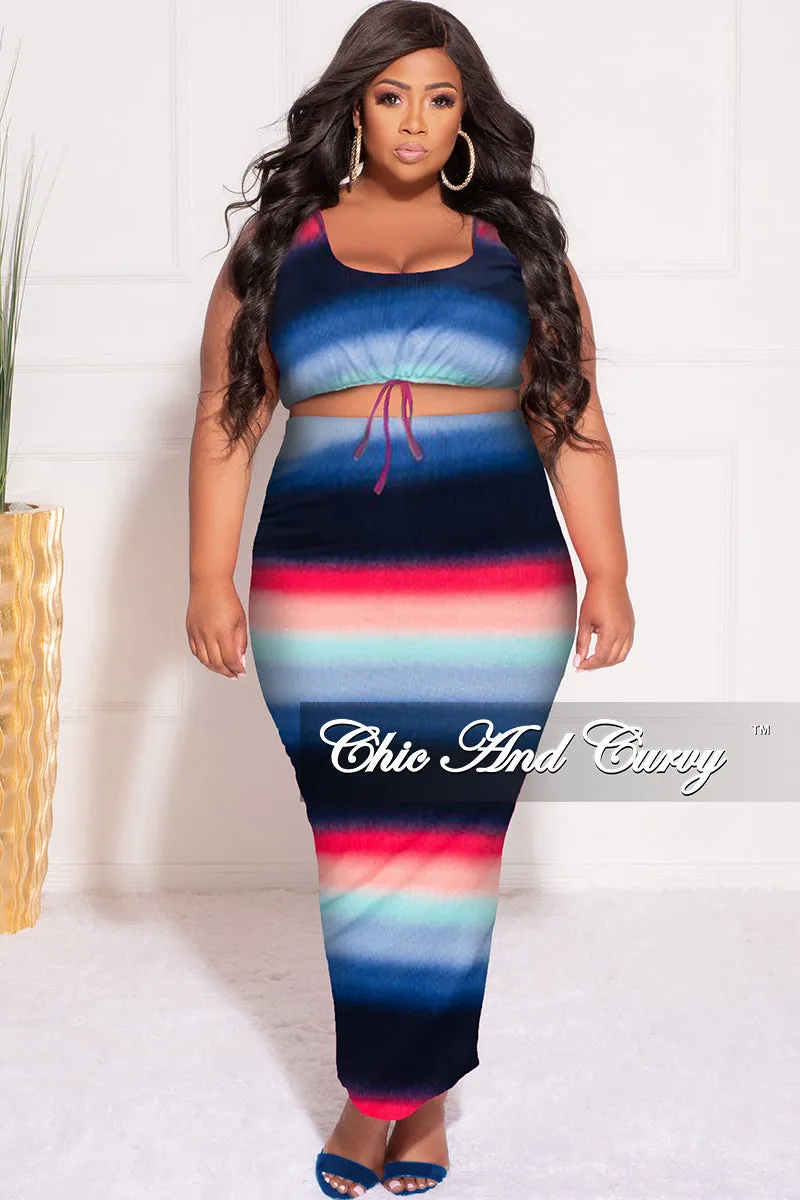 Final Sale Plus Size Ribbed 2pc Crop Drawstring Top and Pencil Skirt in Navy, Fuchsia , & Blue