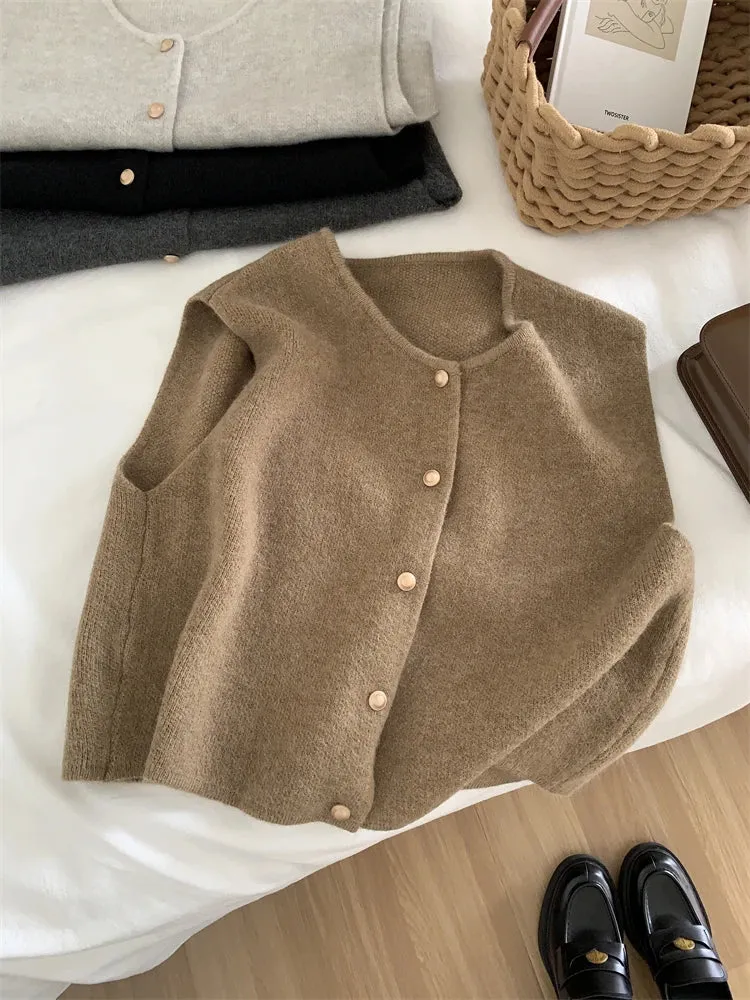 Flytonn-Fall Outfits Women Outwear Streetwear -Gold Buckle Round Neck Knitted Cashmere Vest For Women Loose Fitting Korean Style Lightweight Coat