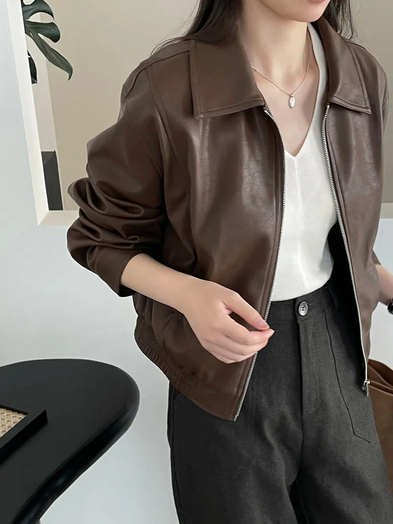 Flytonnshop fall outfits 2024 Taochuan American Retro Motorcycle Leather Coat Women's Korean-Style Stand Collar Loose Sweet Cool Leather Jacket Top 98