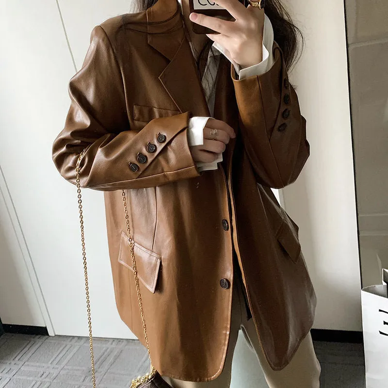 Flytonnshop fall outfits women T6024 Suit Jacket Women's Maillard Style Leather Jacket Retro Loose Motorcycle Clothing Profile Pu Jacket Top