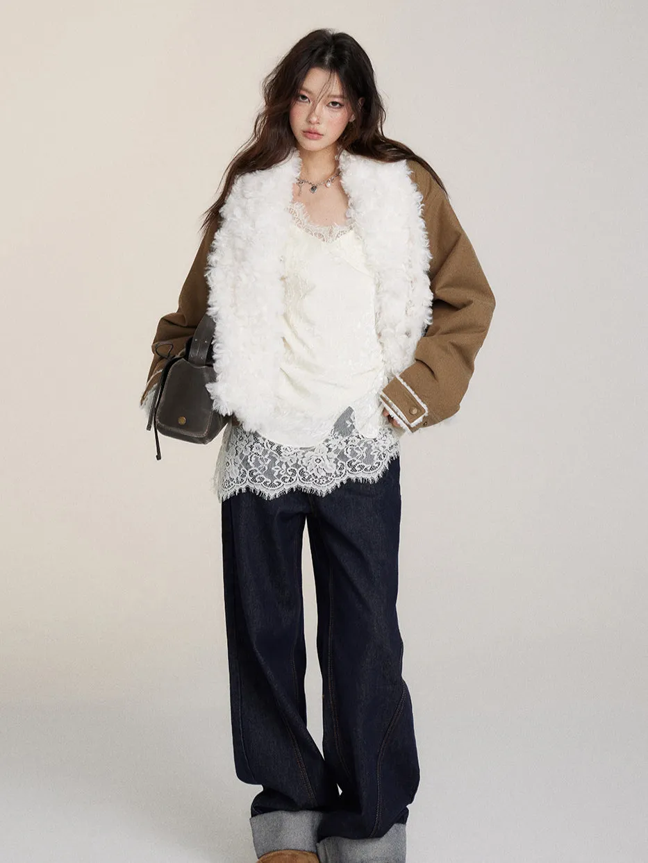 Fur Collar Two-Way Fuzzy Baseball Jacket