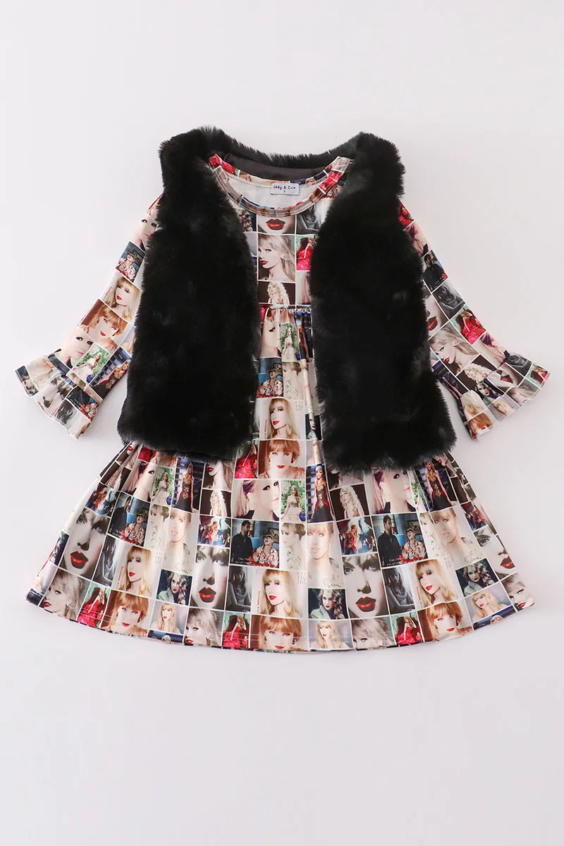 Fur vest music fan print dress set