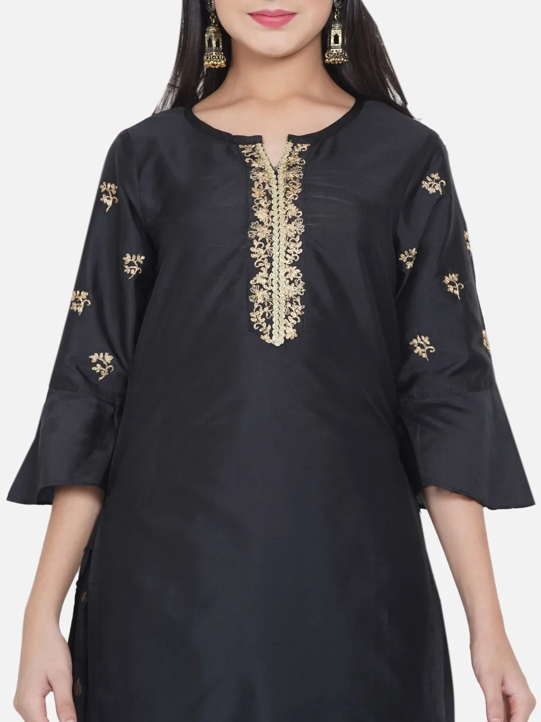 Girl's Black Ethnic Motifs Embroidered Gotta Patti Kurti with Skirt - NOZ2TOZ KIDS