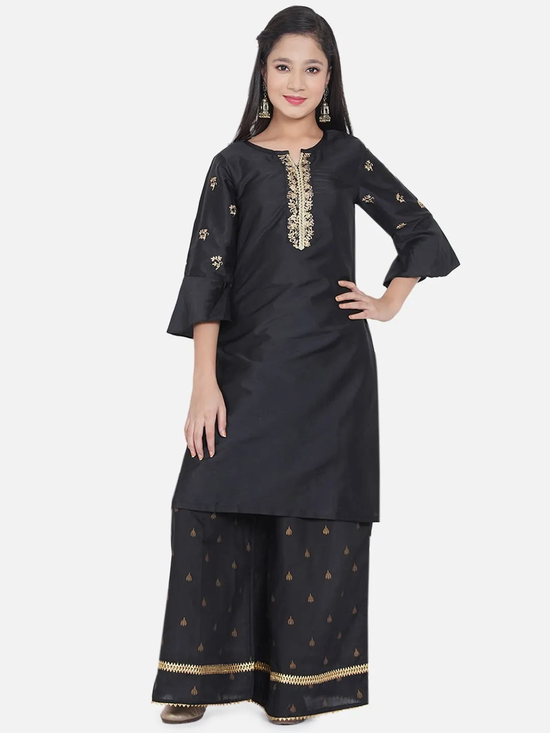 Girl's Black Ethnic Motifs Embroidered Gotta Patti Kurti with Skirt - NOZ2TOZ KIDS