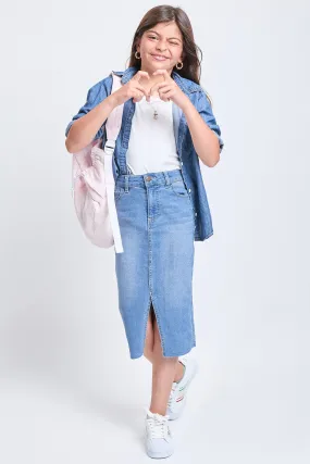 Girls Denim Front Slit Raw Hem Long Skirt