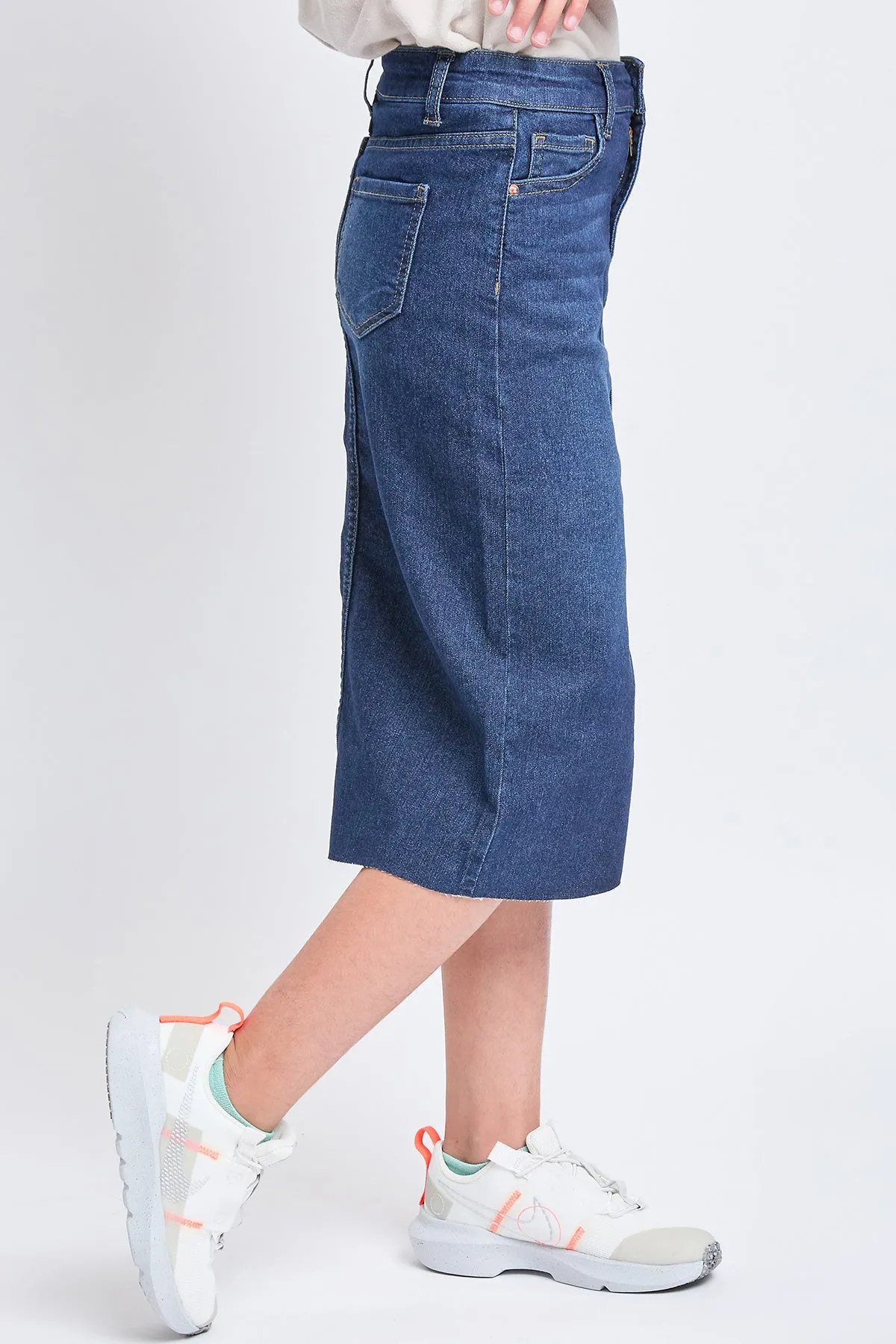 Girls Denim Front Slit Raw Hem Long Skirt