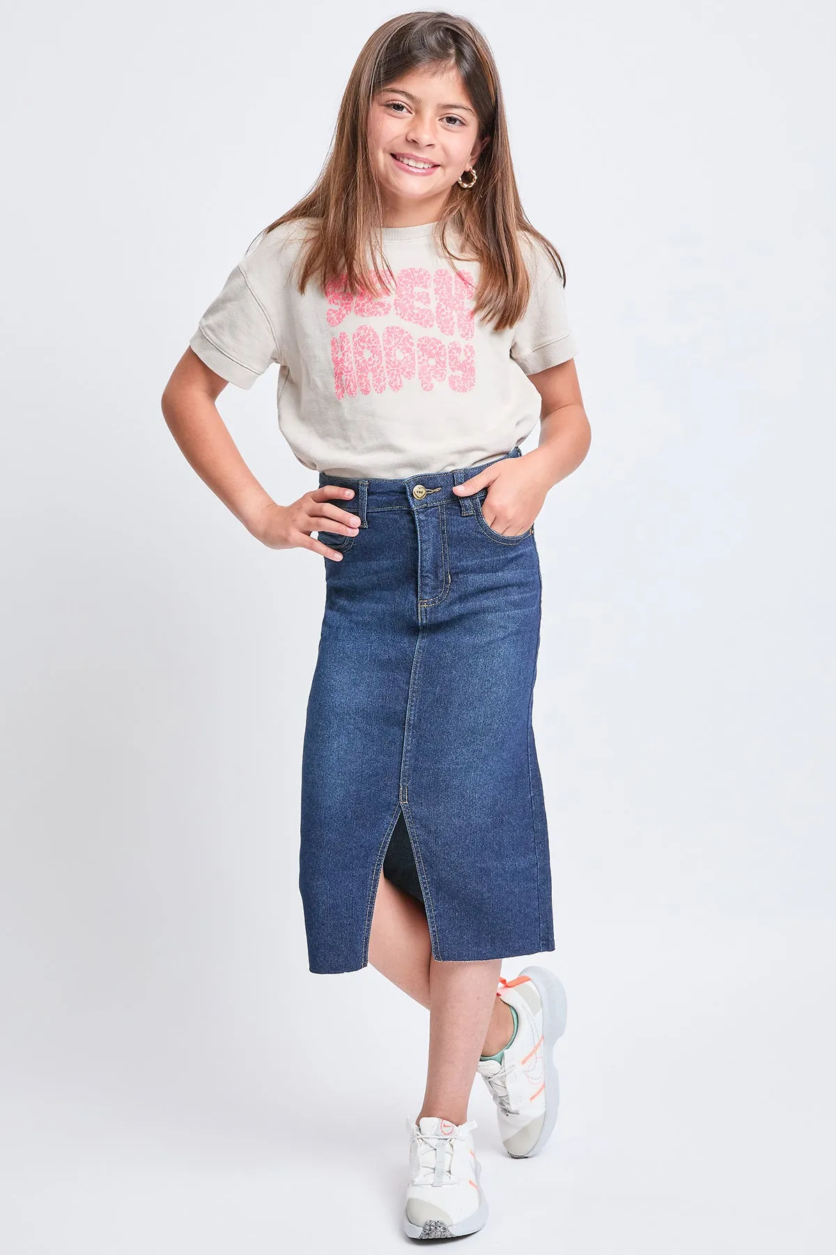 Girls Denim Front Slit Raw Hem Long Skirt