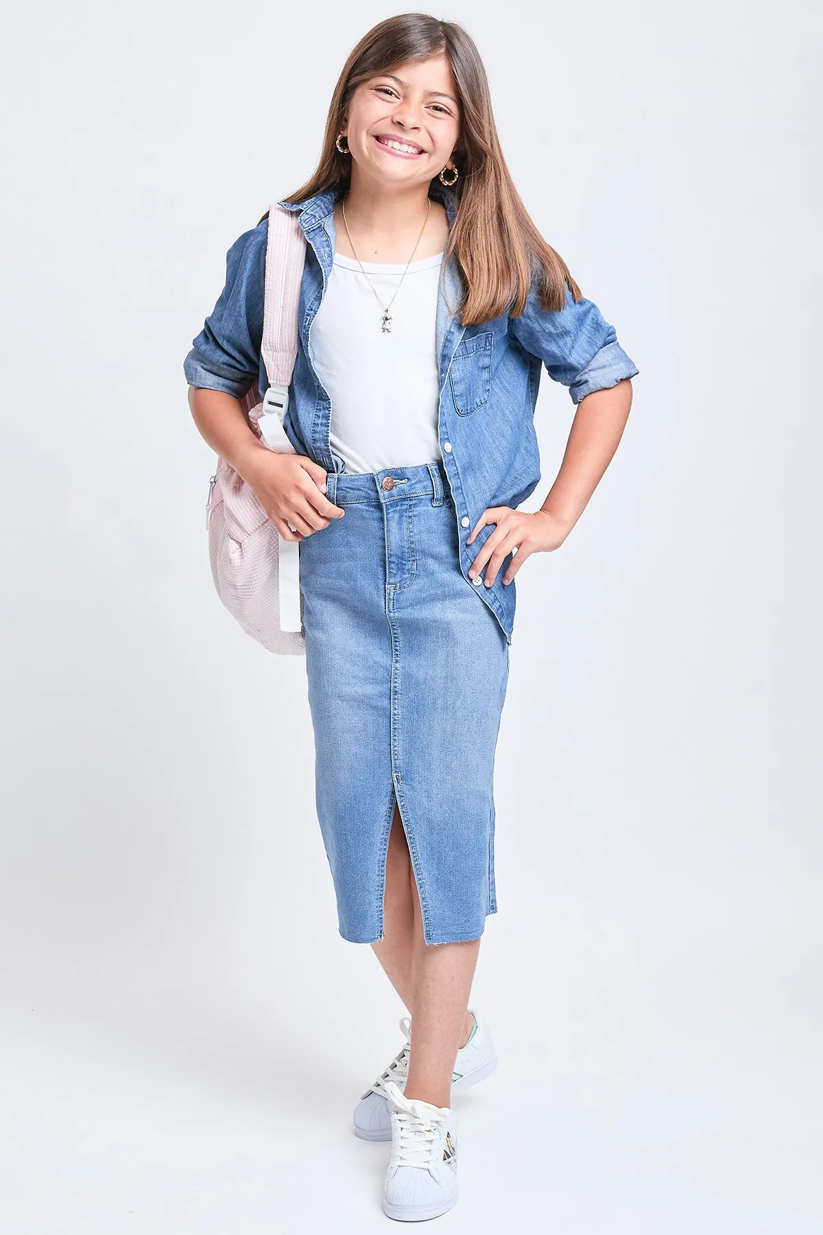 Girls Denim Front Slit Raw Hem Long Skirt