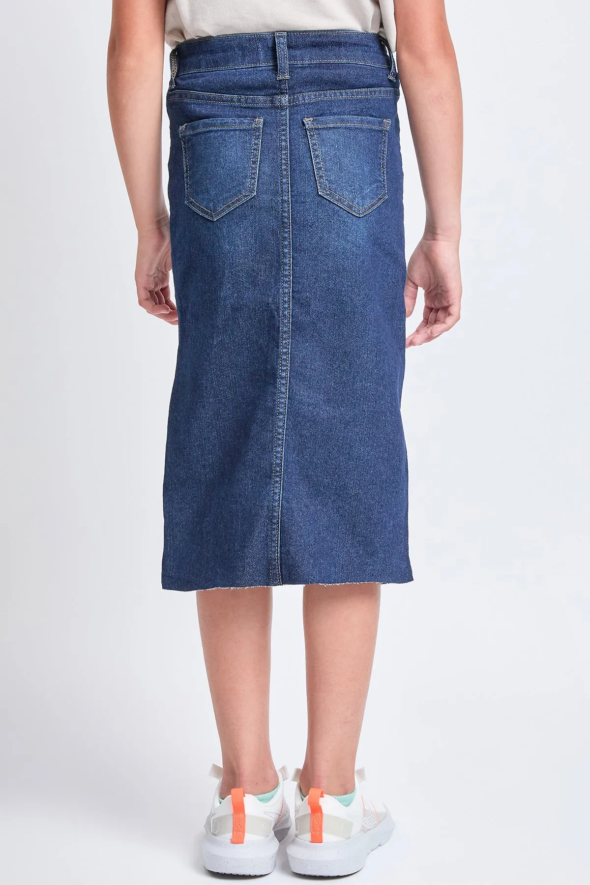 Girls Denim Front Slit Raw Hem Long Skirt