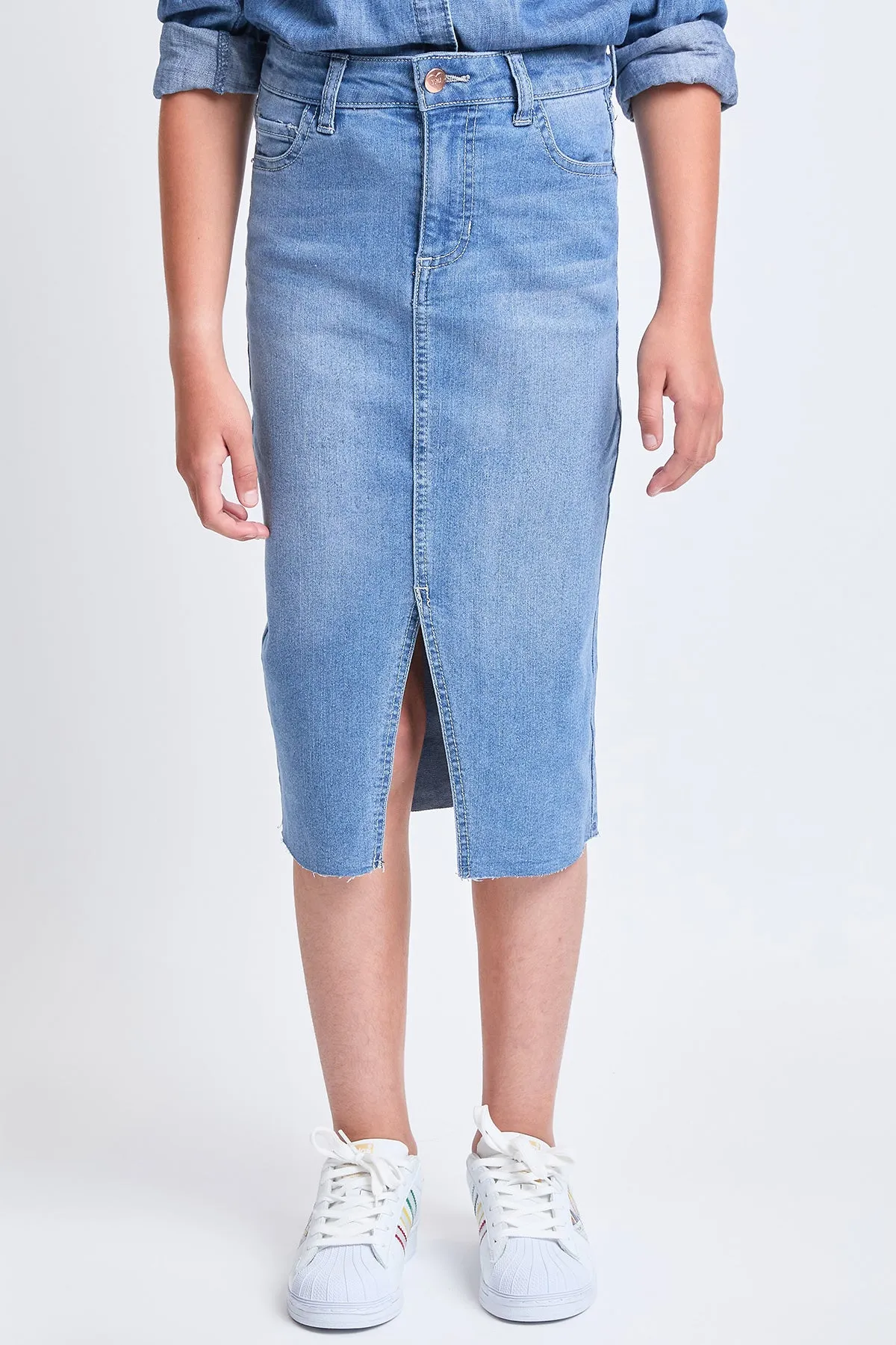 Girls Denim Front Slit Raw Hem Long Skirt