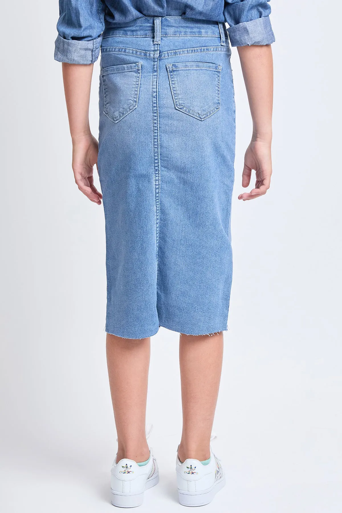 Girls Denim Front Slit Raw Hem Long Skirt