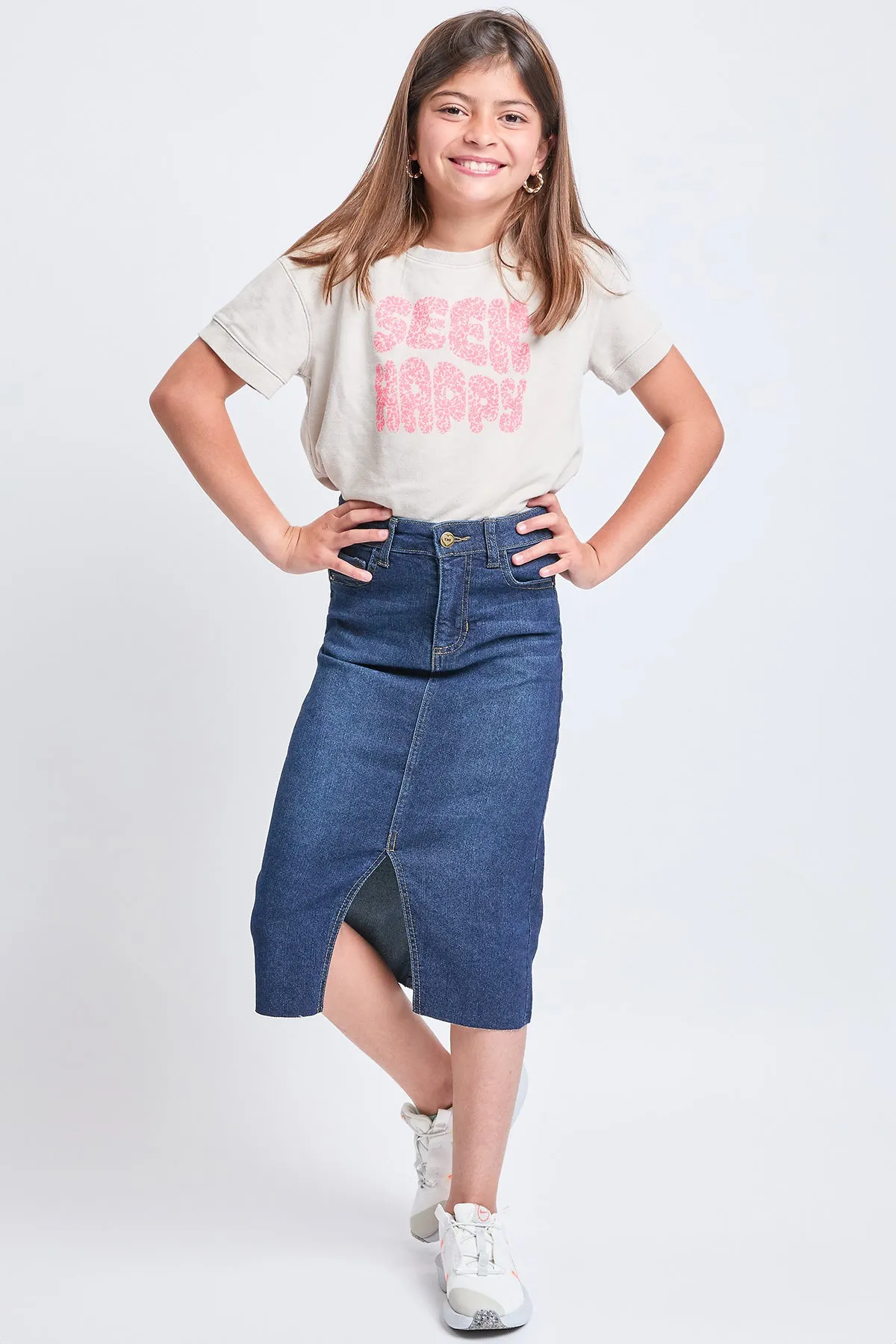 Girls Denim Front Slit Raw Hem Long Skirt