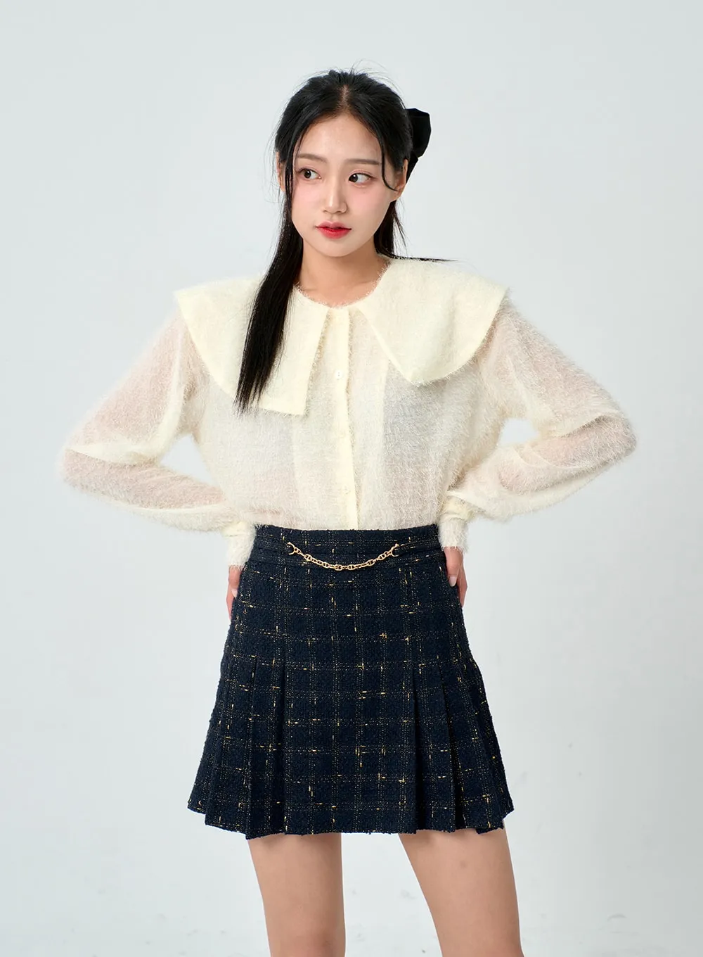 Golden Chain Pleated Plaid Mini Skirt BD01