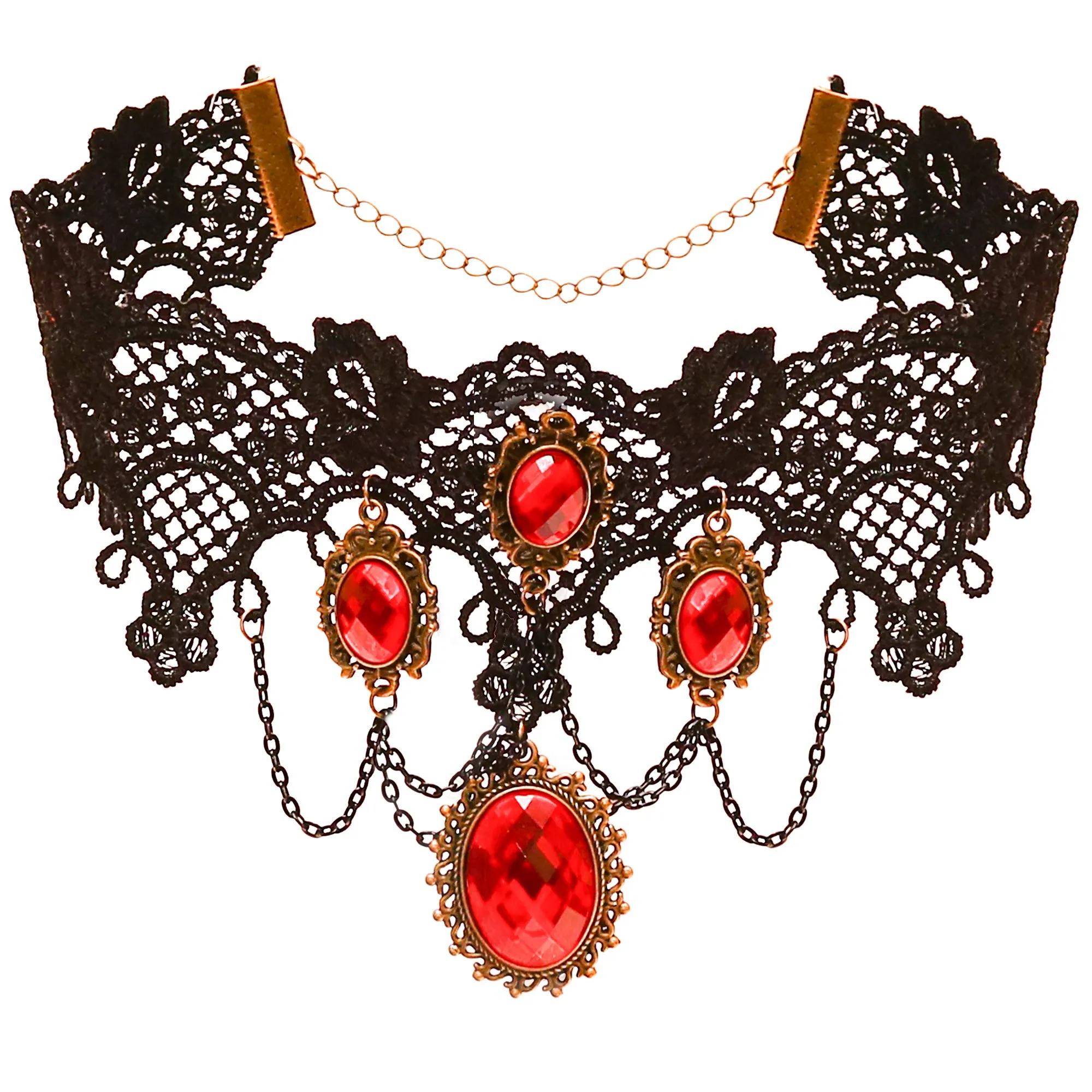 Gothic Vampire Jewelry Set - Black Lace Choker with Red Rhinestone Earrings Pirate Accessories Set for Women and Girls