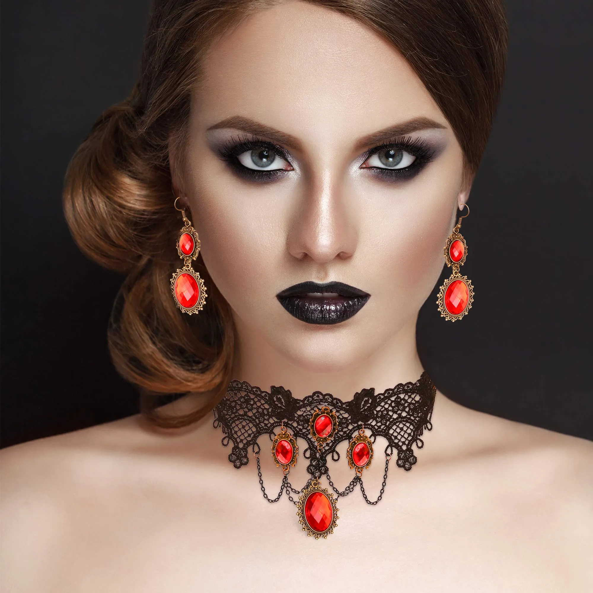 Gothic Vampire Jewelry Set - Black Lace Choker with Red Rhinestone Earrings Pirate Accessories Set for Women and Girls