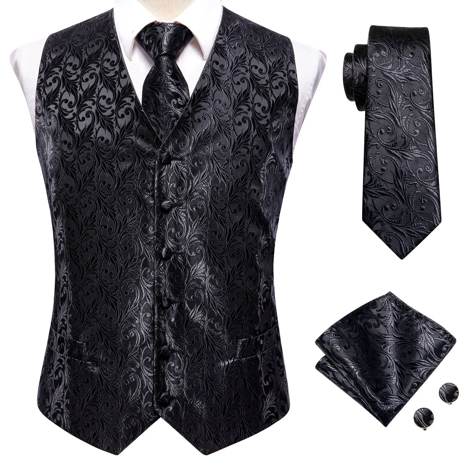 Hi-Tie Black Leaves Silk Mens Waistcoat Hanky Cufflinks Necktie Set