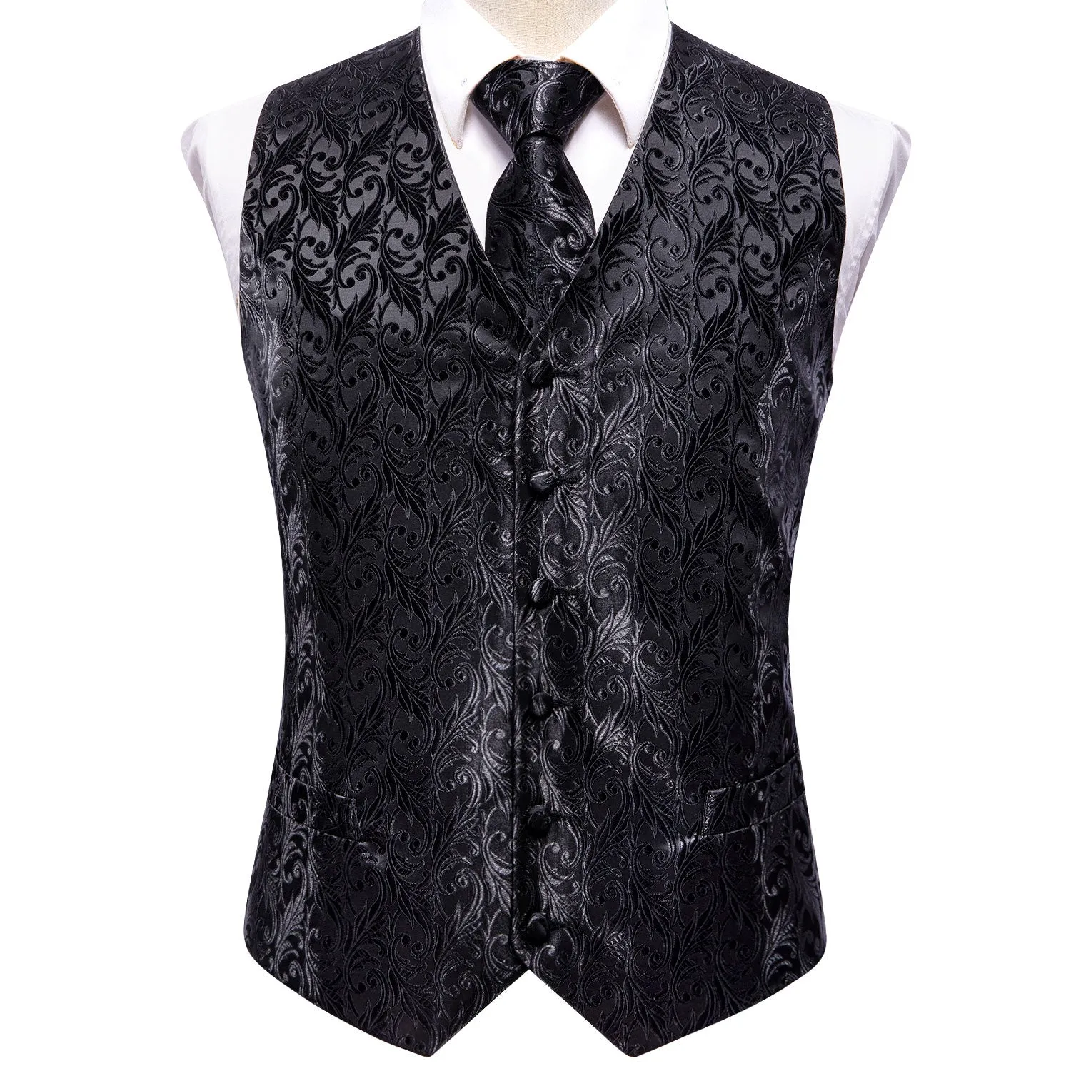 Hi-Tie Black Leaves Silk Mens Waistcoat Hanky Cufflinks Necktie Set