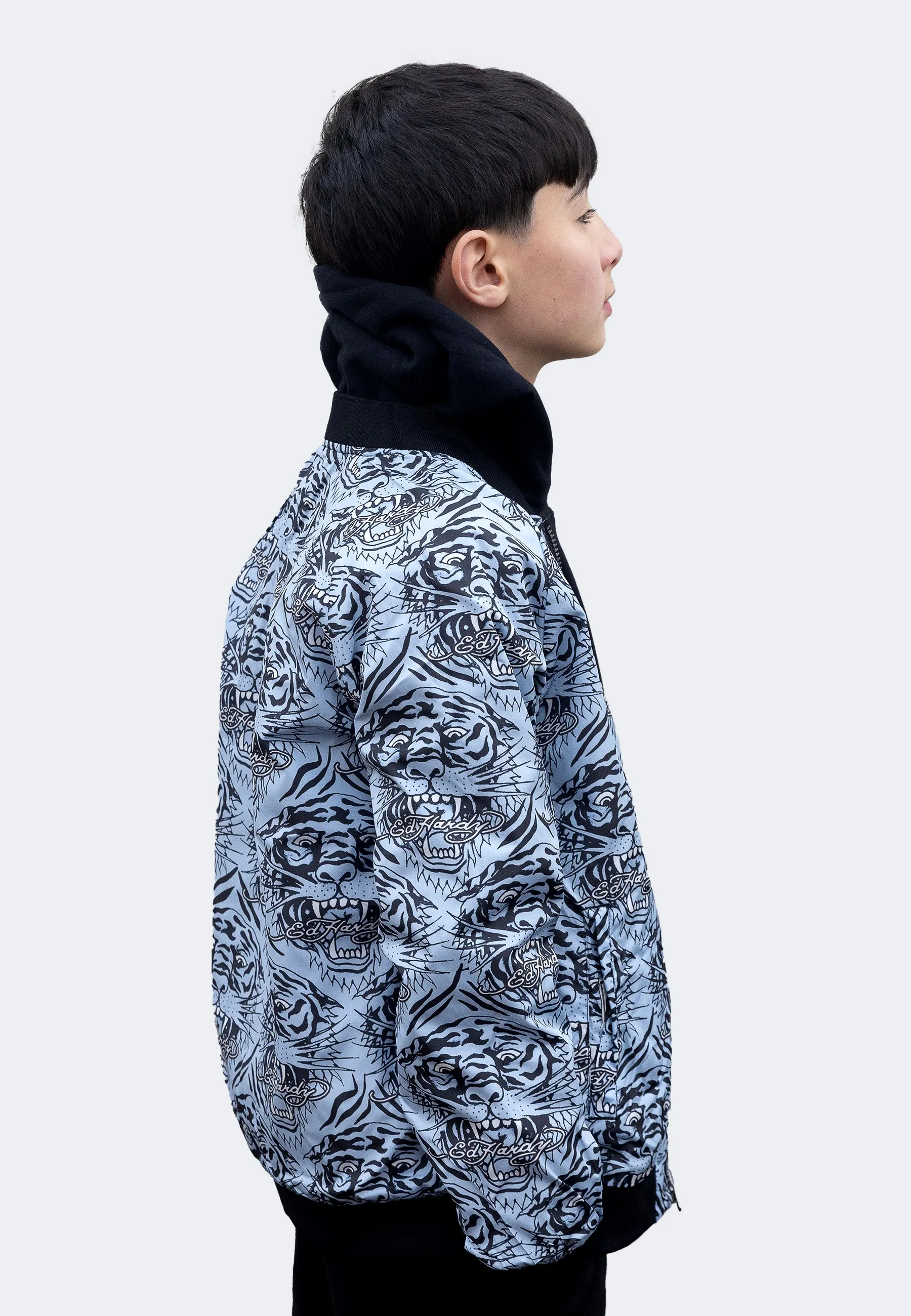 Hype X Ed Hardy Boys Black Reversible Allover Tiger Souvenir Jacket