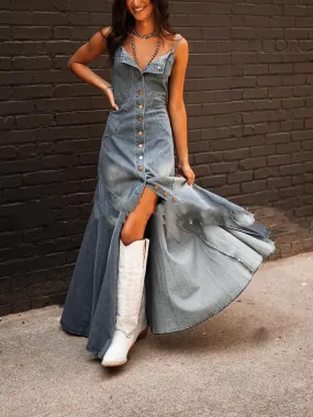 Ins Women's Summer Vintage Denim Distressed Swing Dress