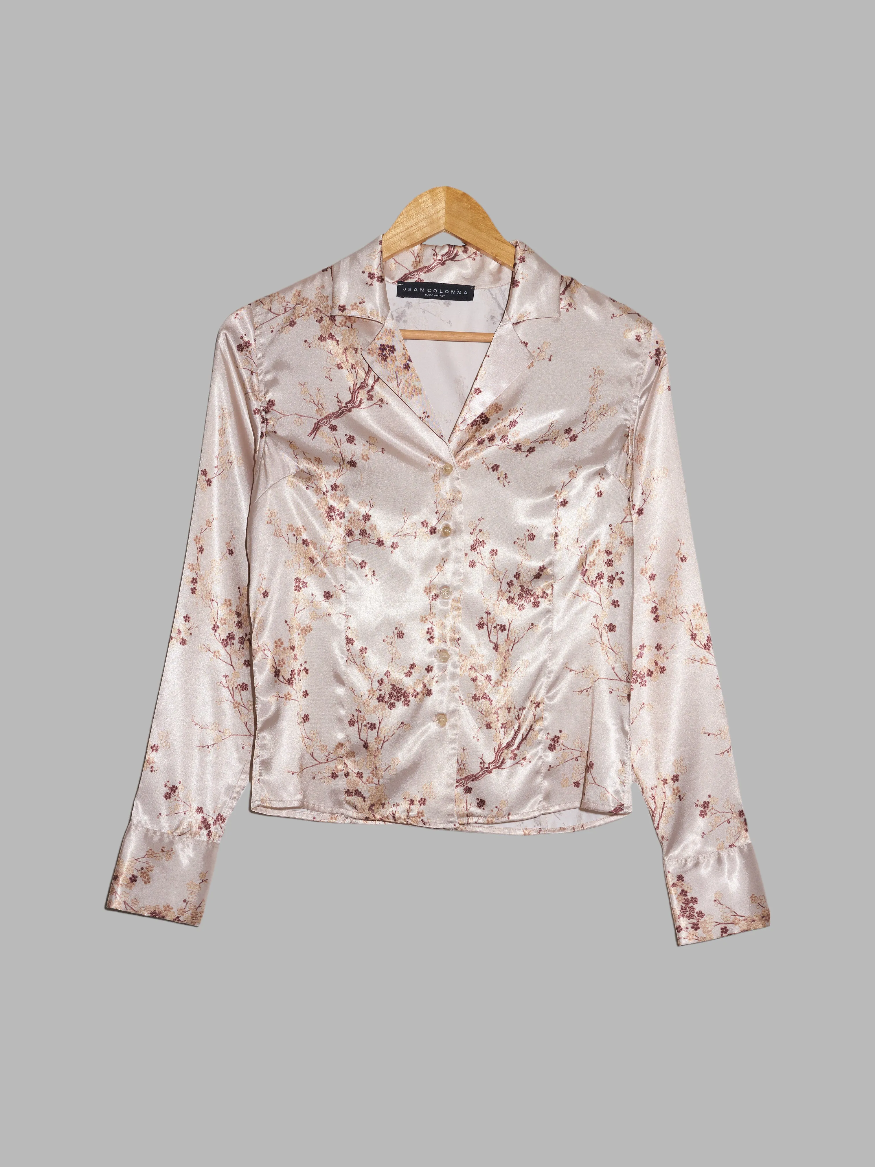 Jean Colonna AW1998 beige satin cherry blossom print long sleeve shirt - size 40