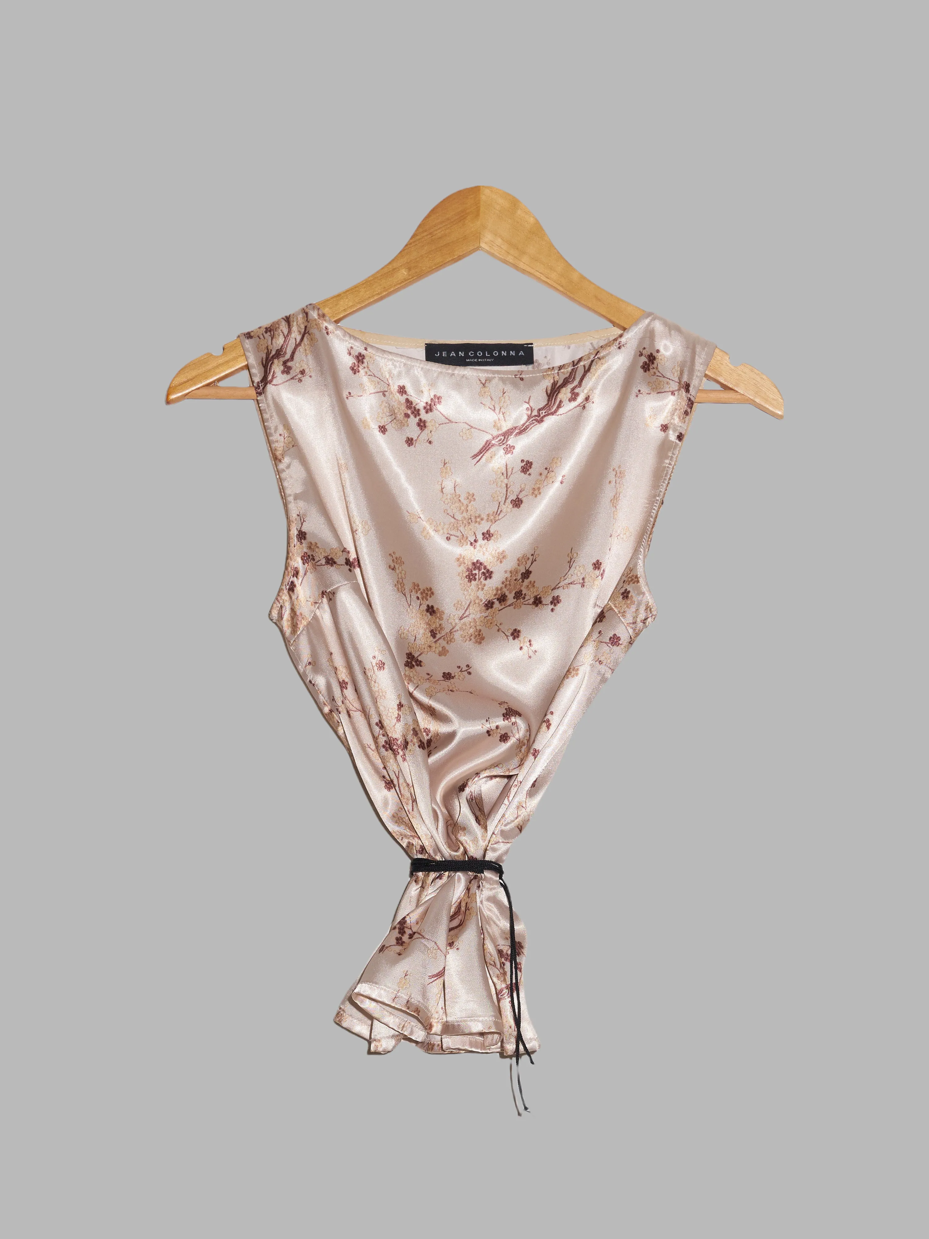 Jean Colonna AW1998 beige satin cherry blossom print sleeveless top skirt set