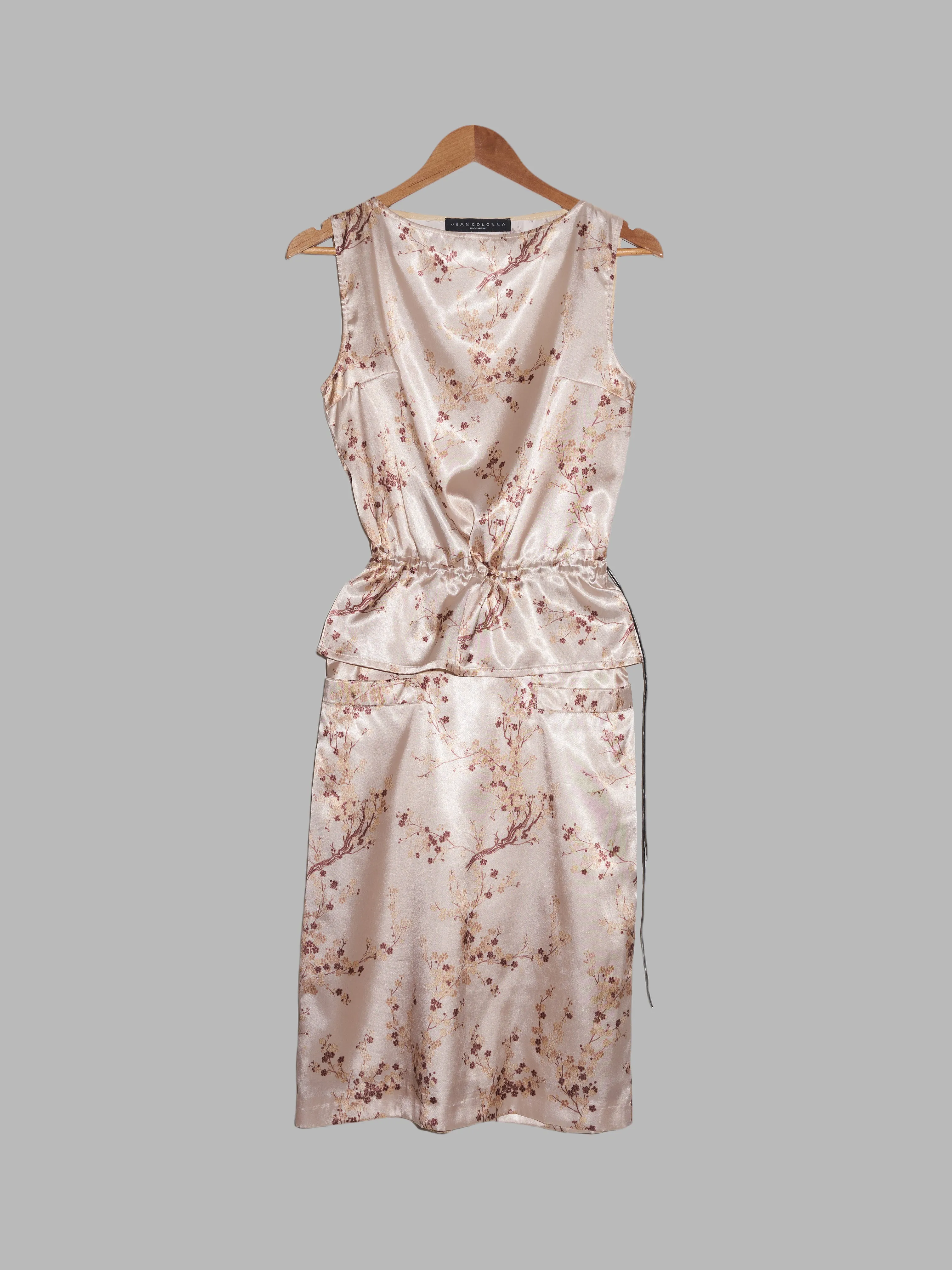 Jean Colonna AW1998 beige satin cherry blossom print sleeveless top skirt set