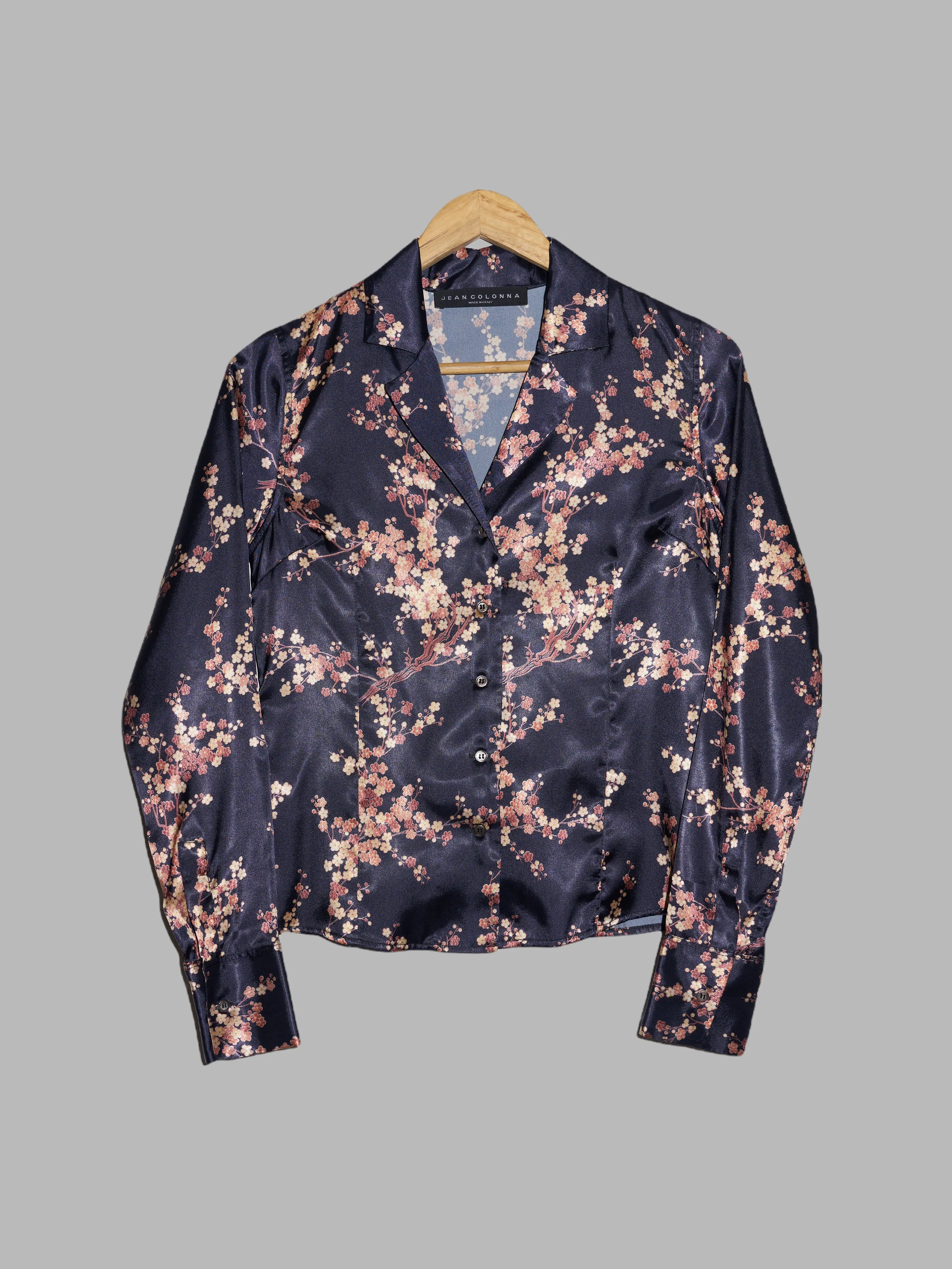 Jean Colonna AW1998 purple-y brown satin cherry blossom print long sleeve shirt