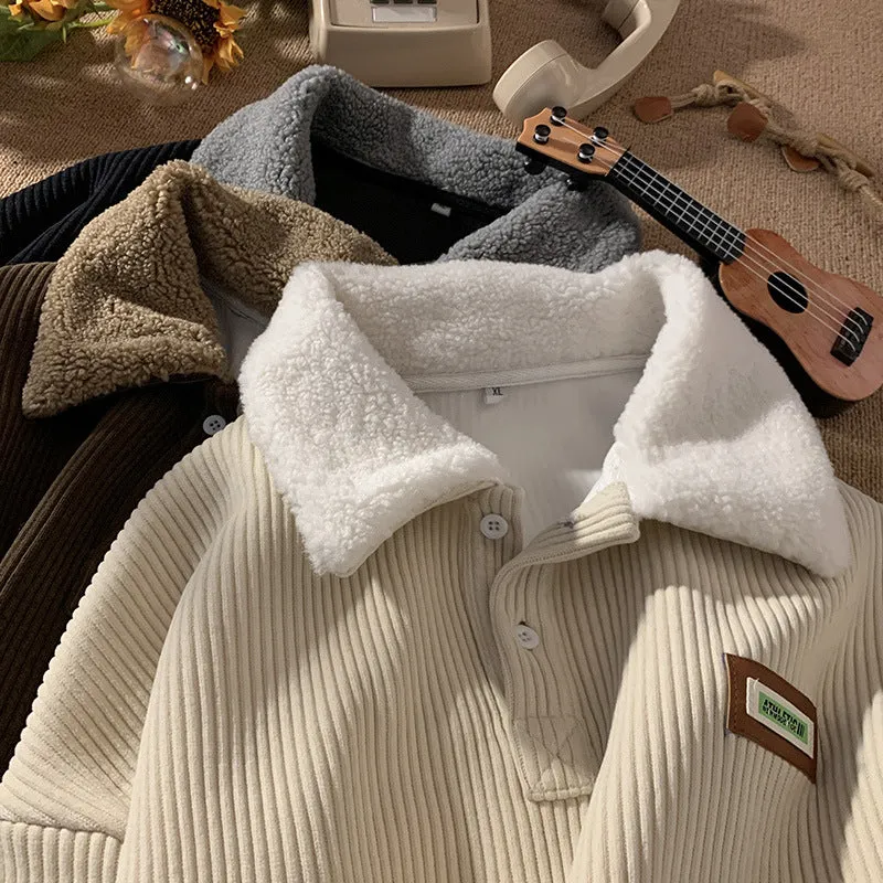 Jinquedai men winter outfits Corduroy Polo Collar Sweater Men's Autumn and Winter Fleece-lined Thickened Lamb Wool Coat Couple's Winter Hong Kong Style Green