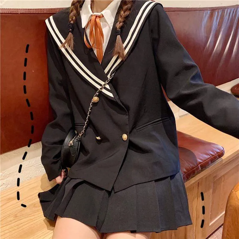 JK Navy Collar Coat&Pleat Skirt