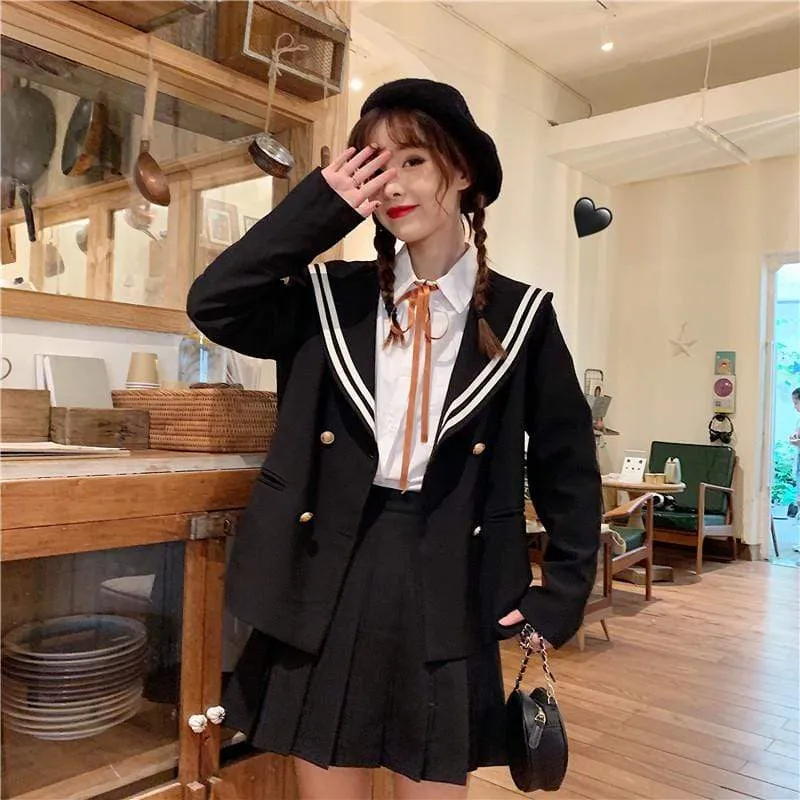 JK Navy Collar Coat&Pleat Skirt