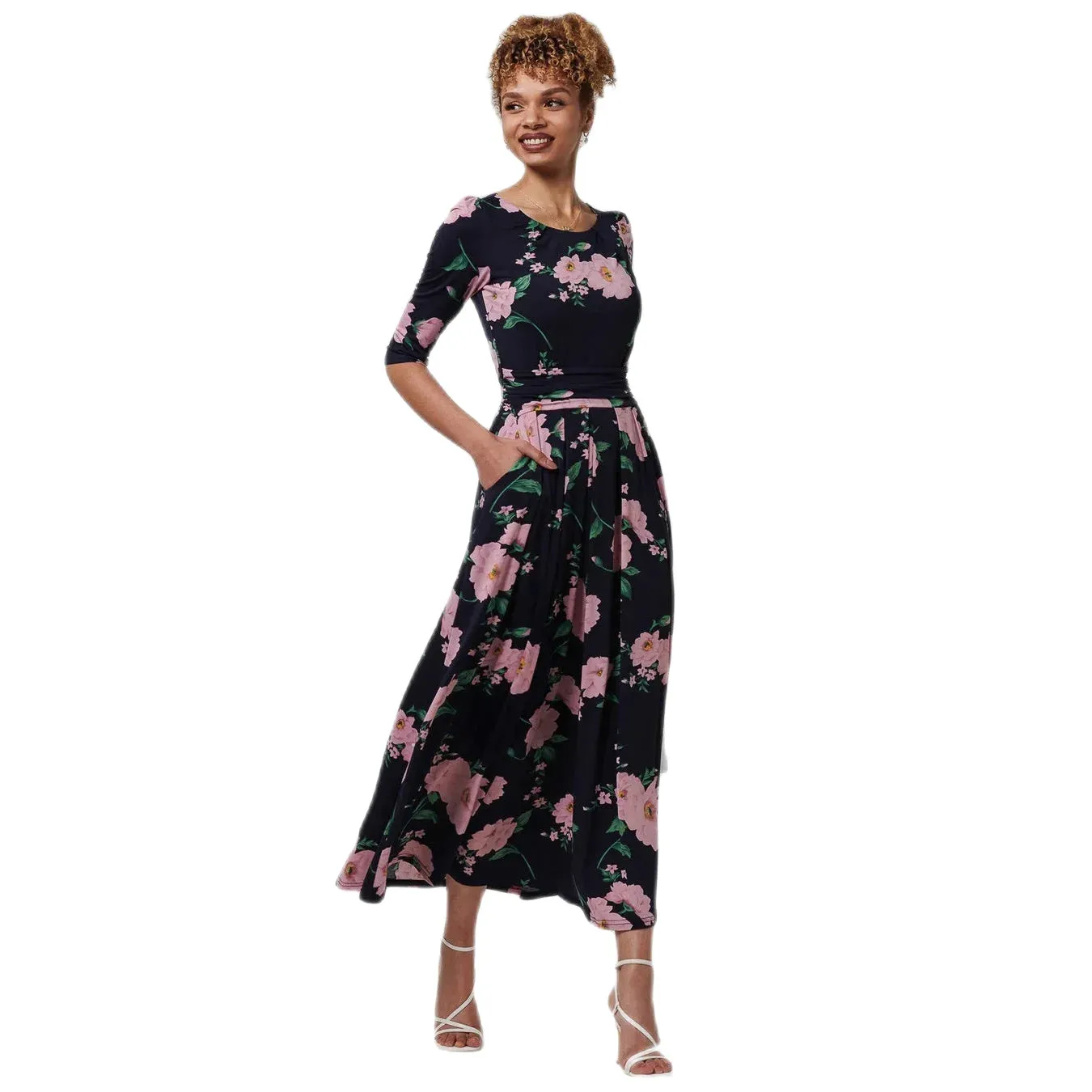 Jolie Moi Navy Round Neck Navy Blue Pink Floral 3/4 Sleeve Dress