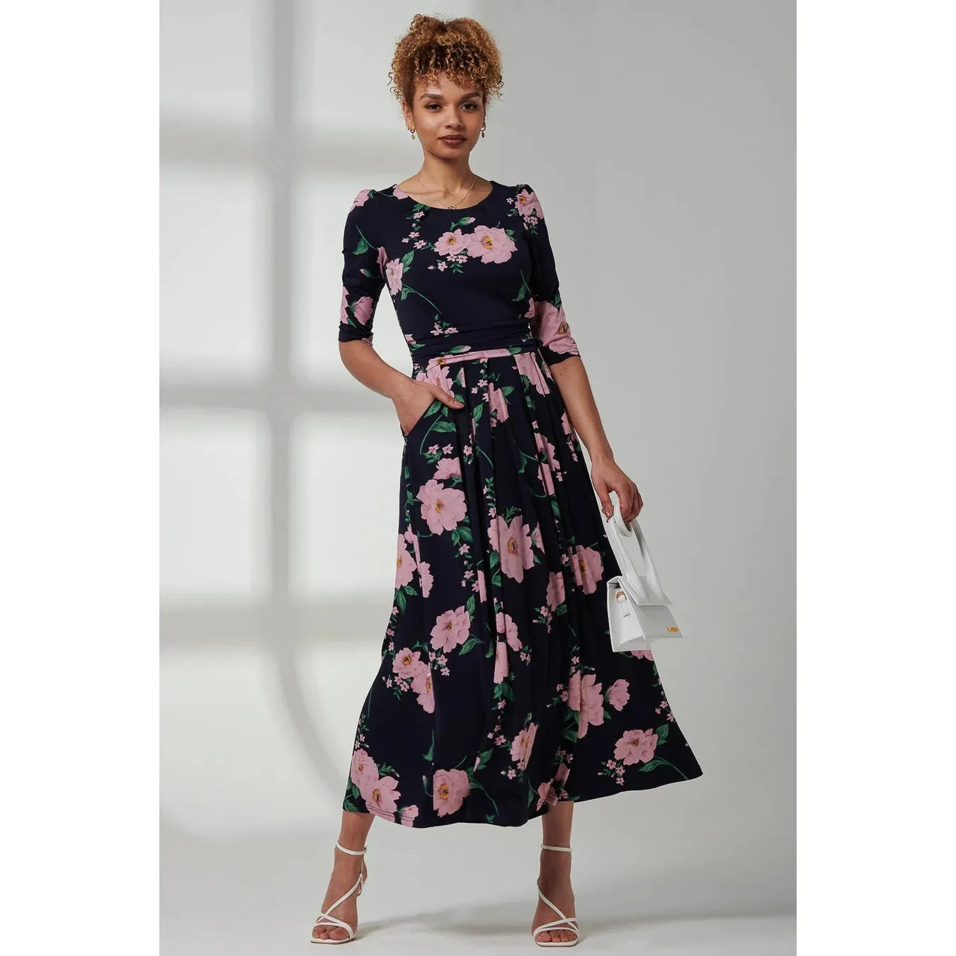 Jolie Moi Navy Round Neck Navy Blue Pink Floral 3/4 Sleeve Dress