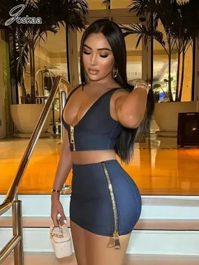 Joskaa Casual Blue Two Piece Set Women Zip-Up Low Cut Crop Tank Tops and Mini Hip Skirt Matching 2024 Spring Fitness Tracksuits