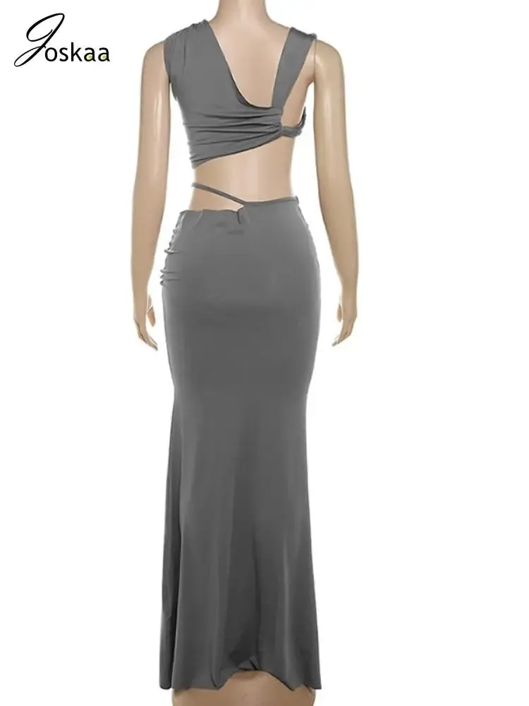 Joskaa Elegant Solid 2 Piece Set Women Sexy Backless Oblique Shoulder Tank Tops and Maxi Skirt Matching 2024 Party Clubwear