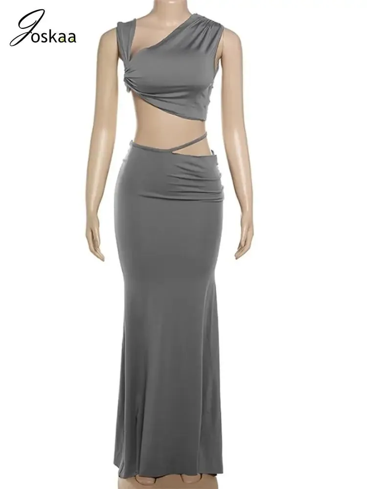 Joskaa Elegant Solid 2 Piece Set Women Sexy Backless Oblique Shoulder Tank Tops and Maxi Skirt Matching 2024 Party Clubwear