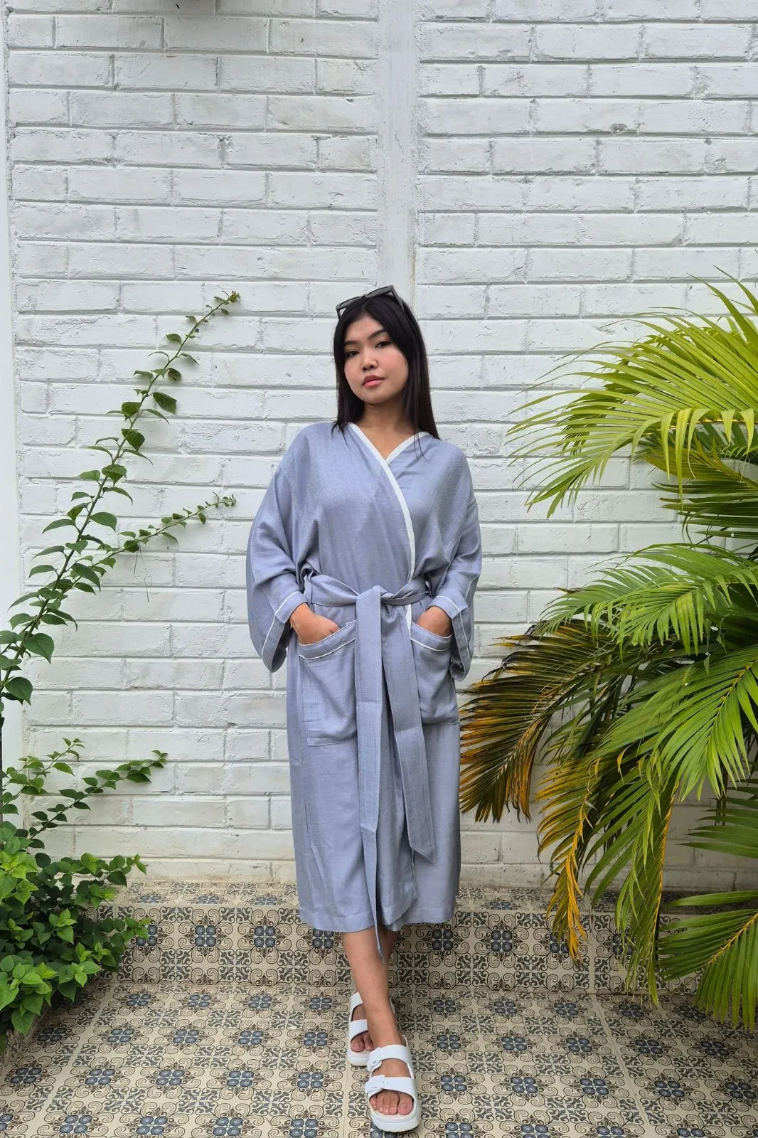 Kimono Style Bamboo Bathrobe, Winter Frost, Blue