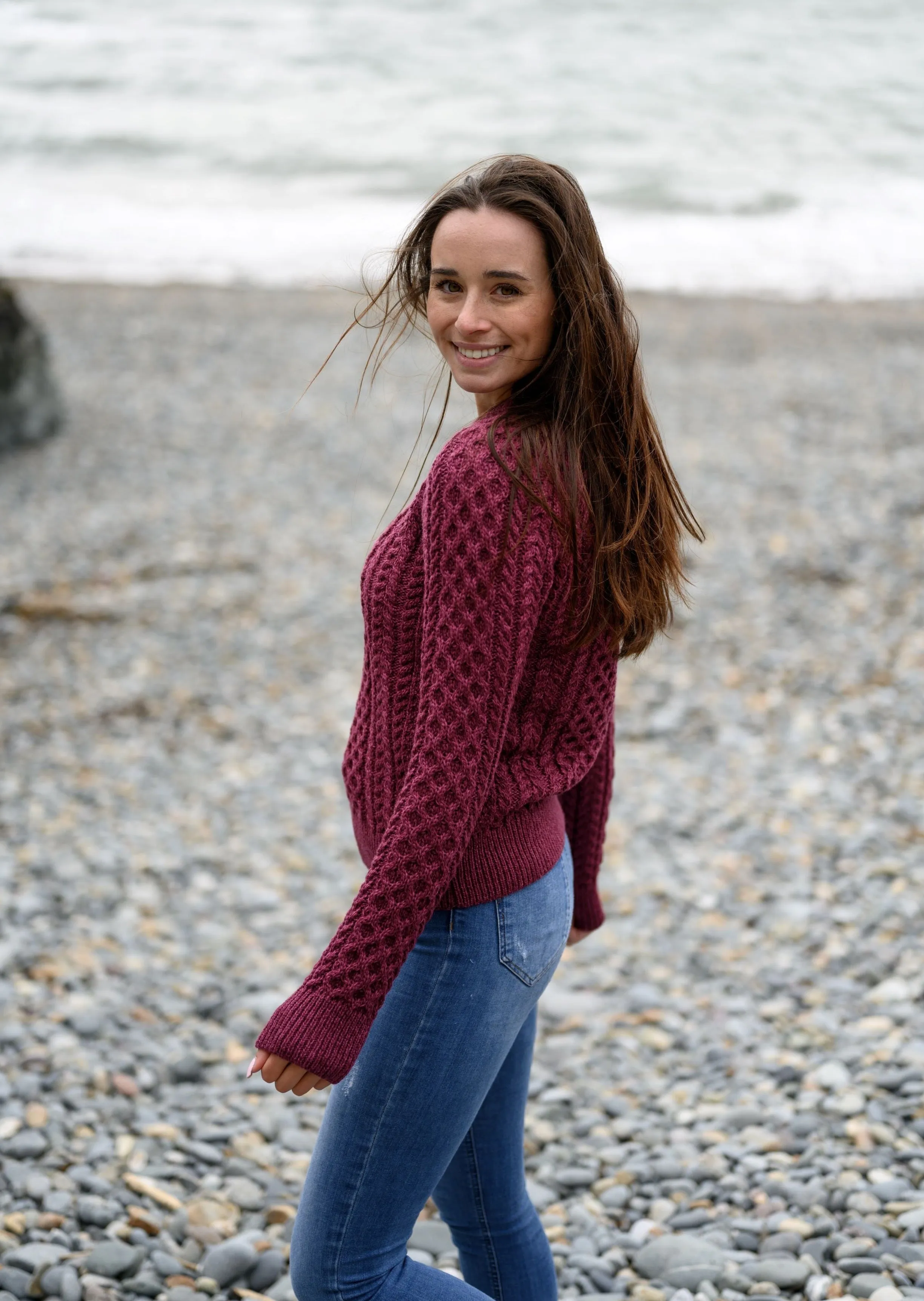 Ladies Slim-Fit Aran Sweater | Raspberry