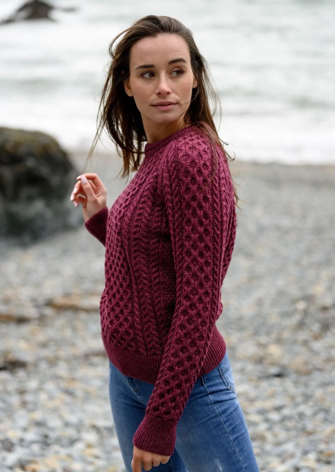 Ladies Slim-Fit Aran Sweater | Raspberry