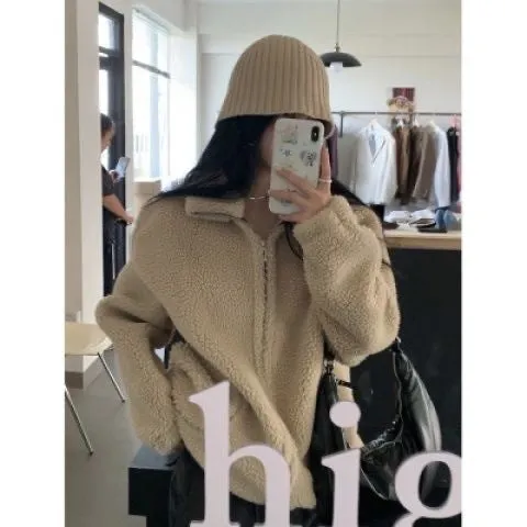 Lanfubeisi tailgate outfit black women Korean Style Autumn and Winter French Gentle Lapel Zipper Loose Casual Solid Color Long Sleeve Coat for Women