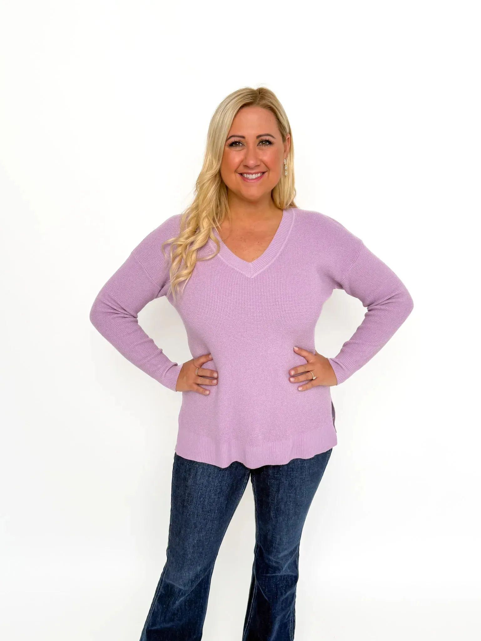 Lavender Waffle V Neck Sweater