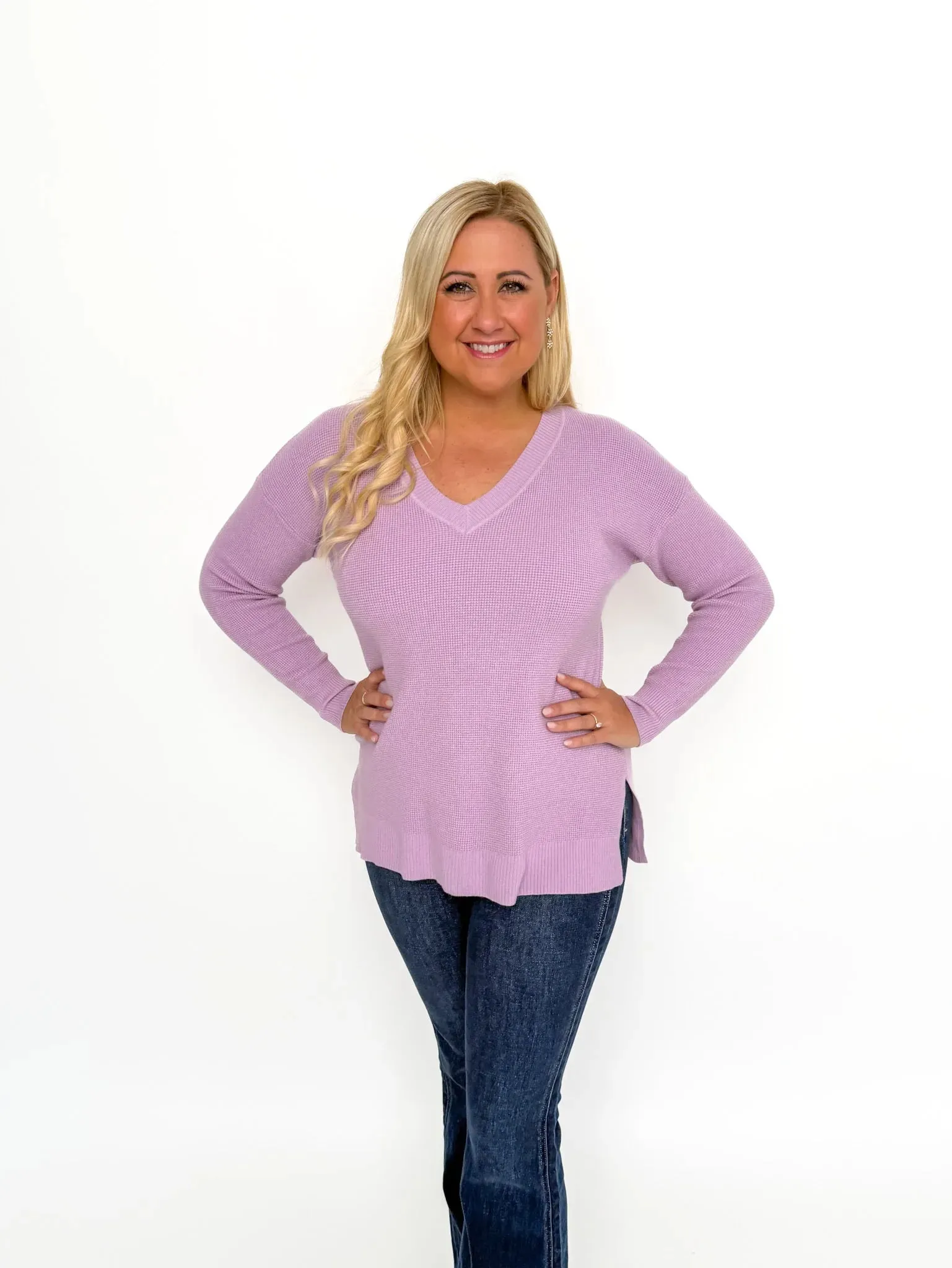 Lavender Waffle V Neck Sweater