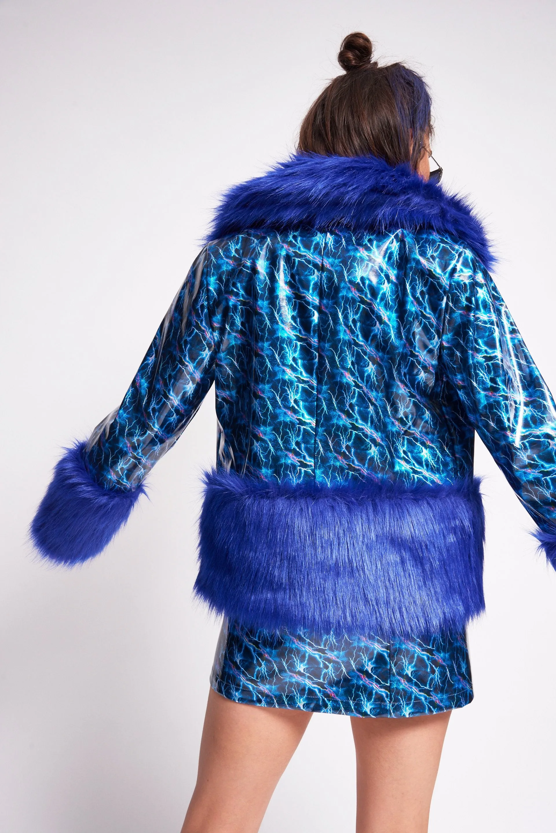 Lightning Print PU Coat with Faux Fur