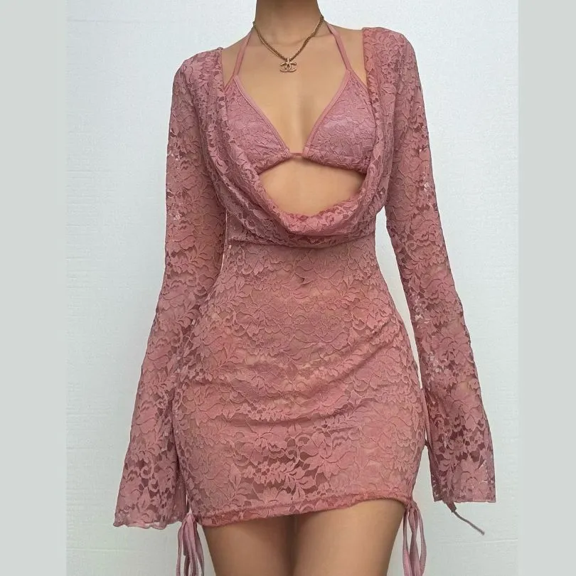 Long sleeve lace hollow out self tie 2 piece mini skirt set