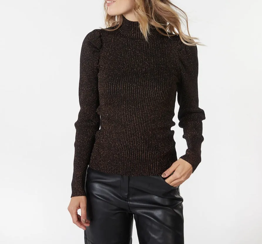 Long Sleeve Rib Lurex Mock Neck Top