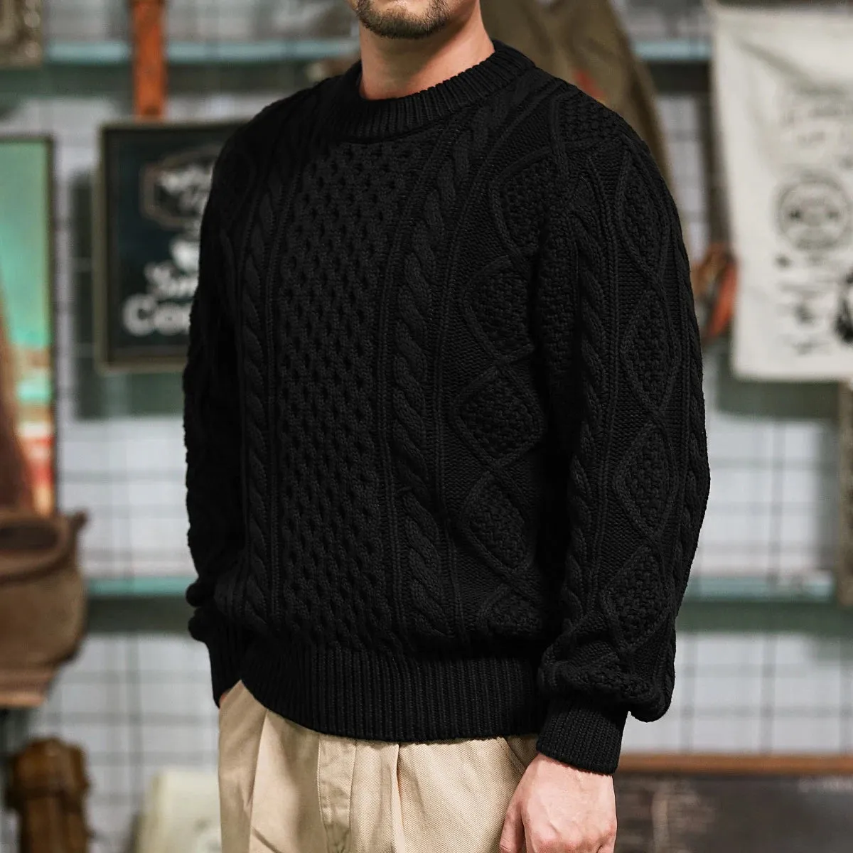 Men's Cable Knitted Sweater Thick Regular Fit Vintage Pullover